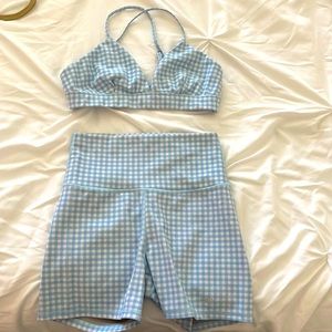 ALO blue gingham bra + bike shorts